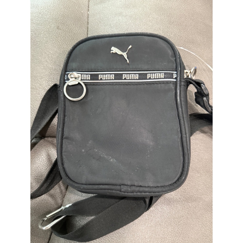 Puma Black Crossbody Bag Small Messenger Travel Pouch Logo Tape Adjustable Strap